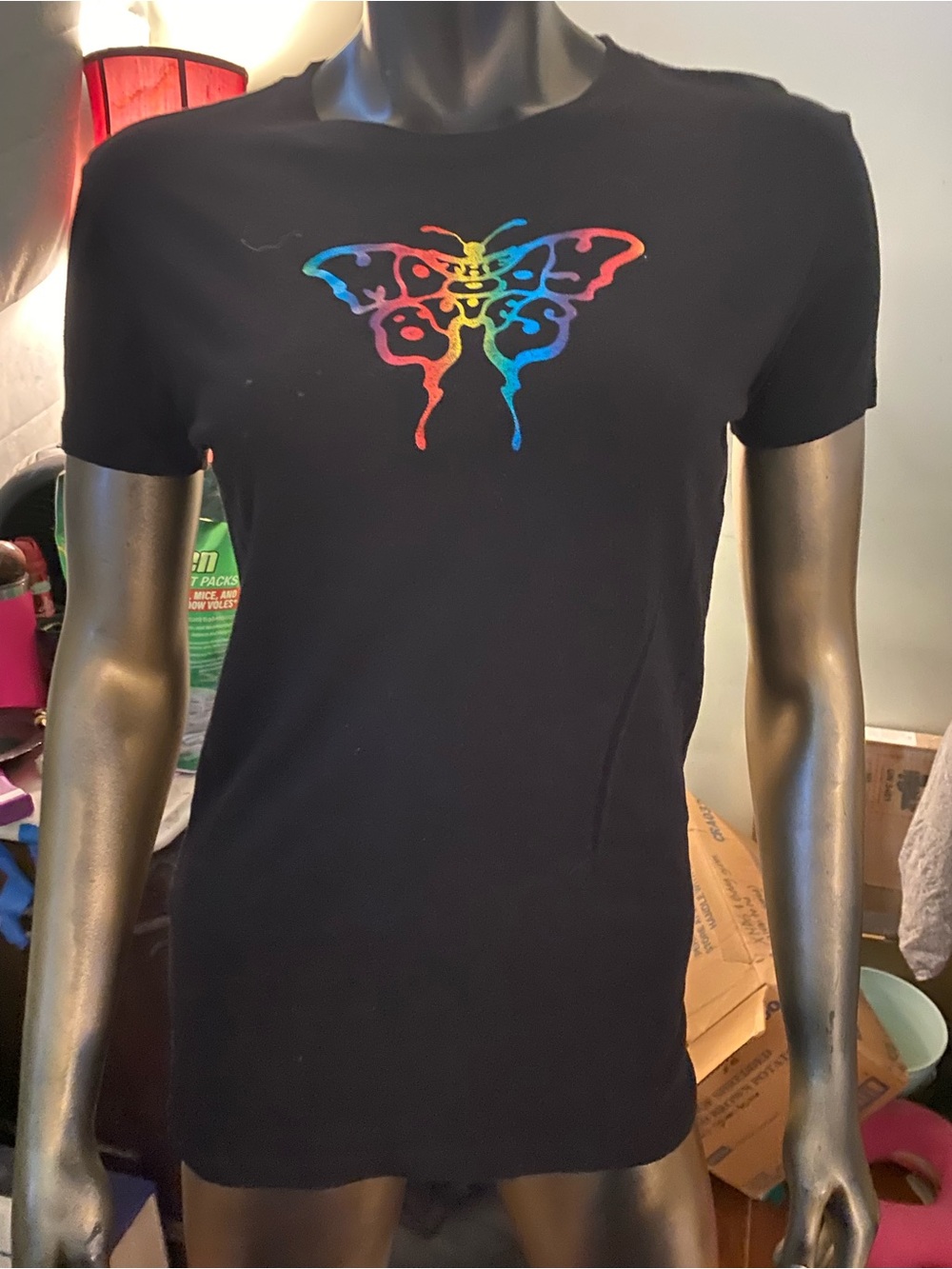 Moody blue rock band tee Short-Sleeve with Rainbow Butterfly Graphic
